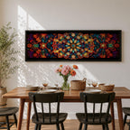 Panoramic artwork featuring a vibrant Islamic mandala composed of intricate arabesque and geometric patterns radiating from a central rosette, with layered symmetrical motifs in rich shades of red, orange, teal, blue, and gold set against a dark background, inspired by traditional Moroccan and Islamic ornamental design.