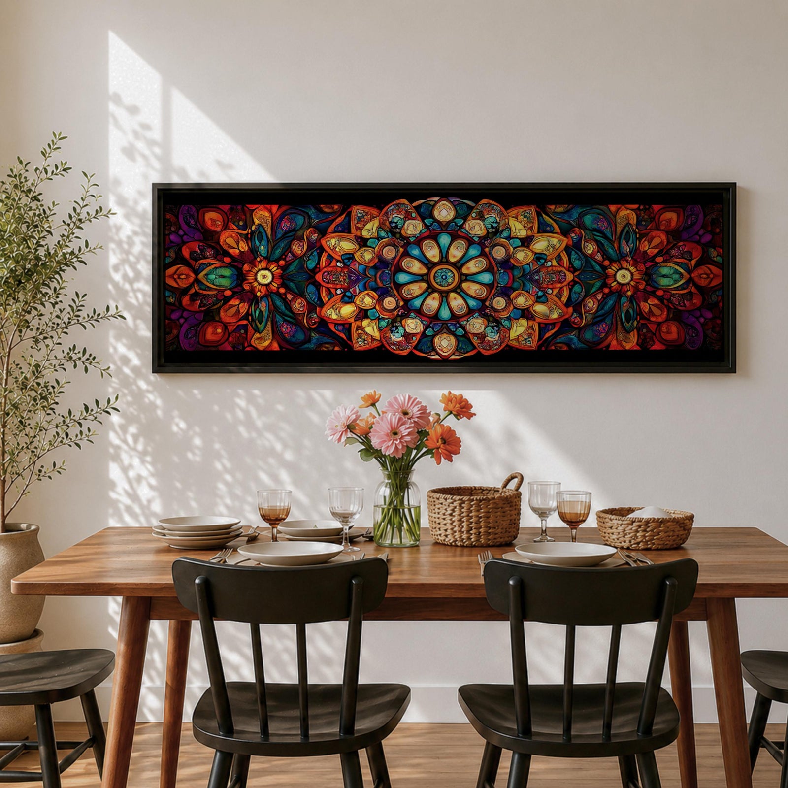 Panoramic artwork featuring a vibrant Islamic mandala composed of intricate arabesque and geometric patterns radiating from a central rosette, with layered symmetrical motifs in rich shades of red, orange, teal, blue, and gold set against a dark background, inspired by traditional Moroccan and Islamic ornamental design.