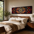 Panoramic artwork featuring a vibrant Islamic mandala composed of intricate arabesque and geometric patterns radiating from a central rosette, with layered symmetrical motifs in rich shades of red, orange, teal, blue, and gold set against a dark background, inspired by traditional Moroccan and Islamic ornamental design.