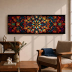 Panoramic artwork featuring a vibrant Islamic mandala composed of intricate arabesque and geometric patterns radiating from a central rosette, with layered symmetrical motifs in rich shades of red, orange, teal, blue, and gold set against a dark background, inspired by traditional Moroccan and Islamic ornamental design.