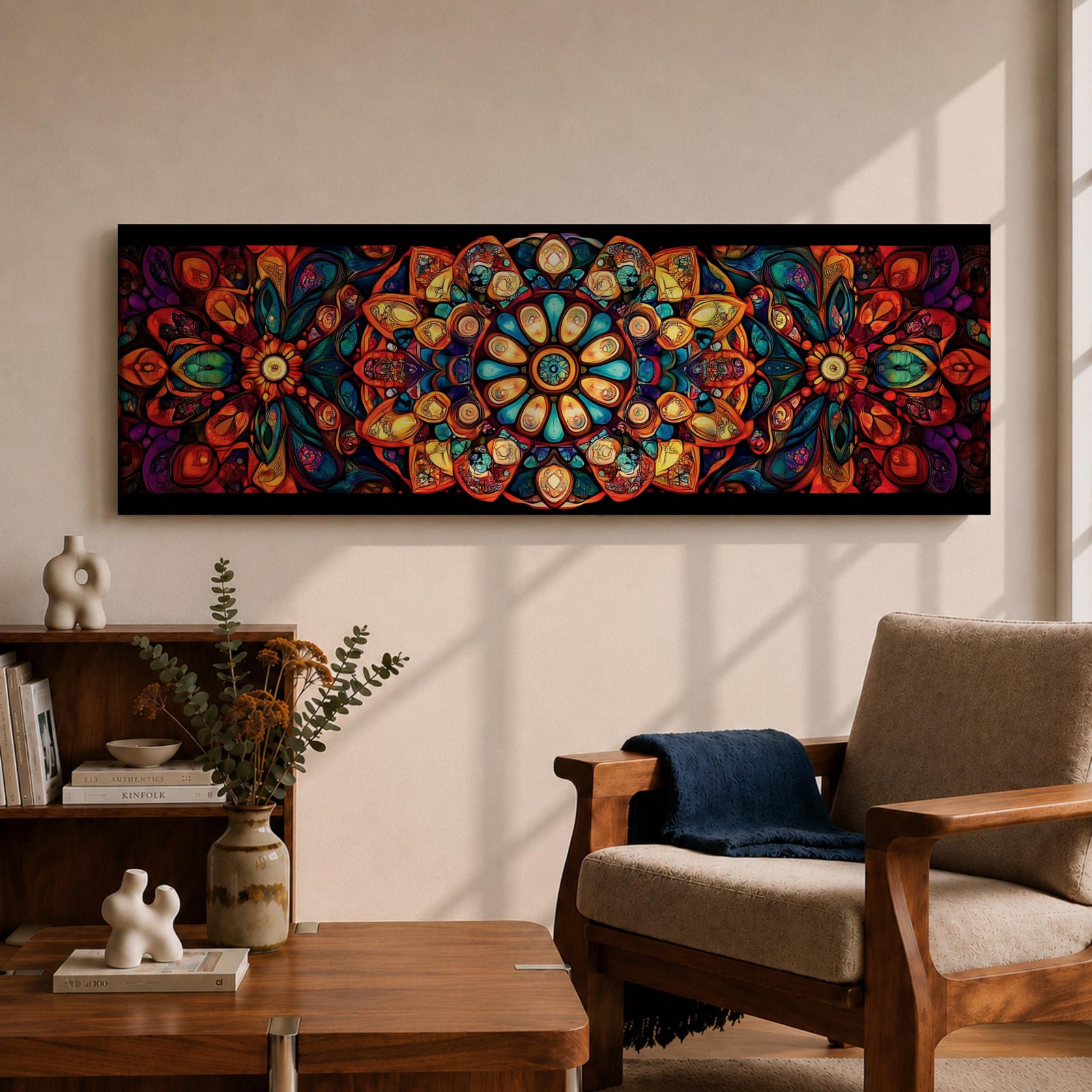 Panoramic artwork featuring a vibrant Islamic mandala composed of intricate arabesque and geometric patterns radiating from a central rosette, with layered symmetrical motifs in rich shades of red, orange, teal, blue, and gold set against a dark background, inspired by traditional Moroccan and Islamic ornamental design.