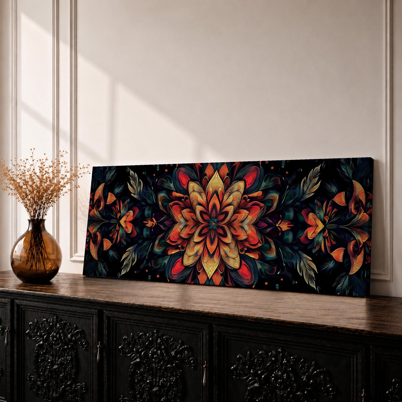 Panoramic artwork featuring a dark floral mandala composed of layered botanical petals and symmetrical flower motifs radiating from a central blossom, rendered in rich shades of red, orange, teal, and gold against a deep black background with intricate leaf forms and ornamental detailing creating a dramatic boho botanical pattern.