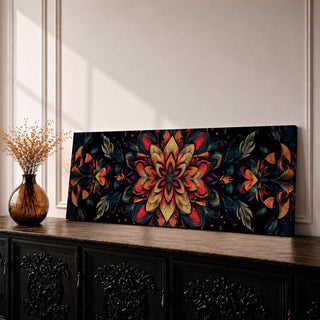 Panoramic artwork featuring a dark floral mandala composed of layered botanical petals and symmetrical flower motifs radiating from a central blossom, rendered in rich shades of red, orange, teal, and gold against a deep black background with intricate leaf forms and ornamental detailing creating a dramatic boho botanical pattern.