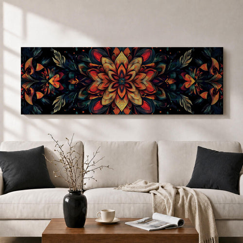 Panoramic artwork featuring a dark floral mandala composed of layered botanical petals and symmetrical flower motifs radiating from a central blossom, rendered in rich shades of red, orange, teal, and gold against a deep black background with intricate leaf forms and ornamental detailing creating a dramatic boho botanical pattern.