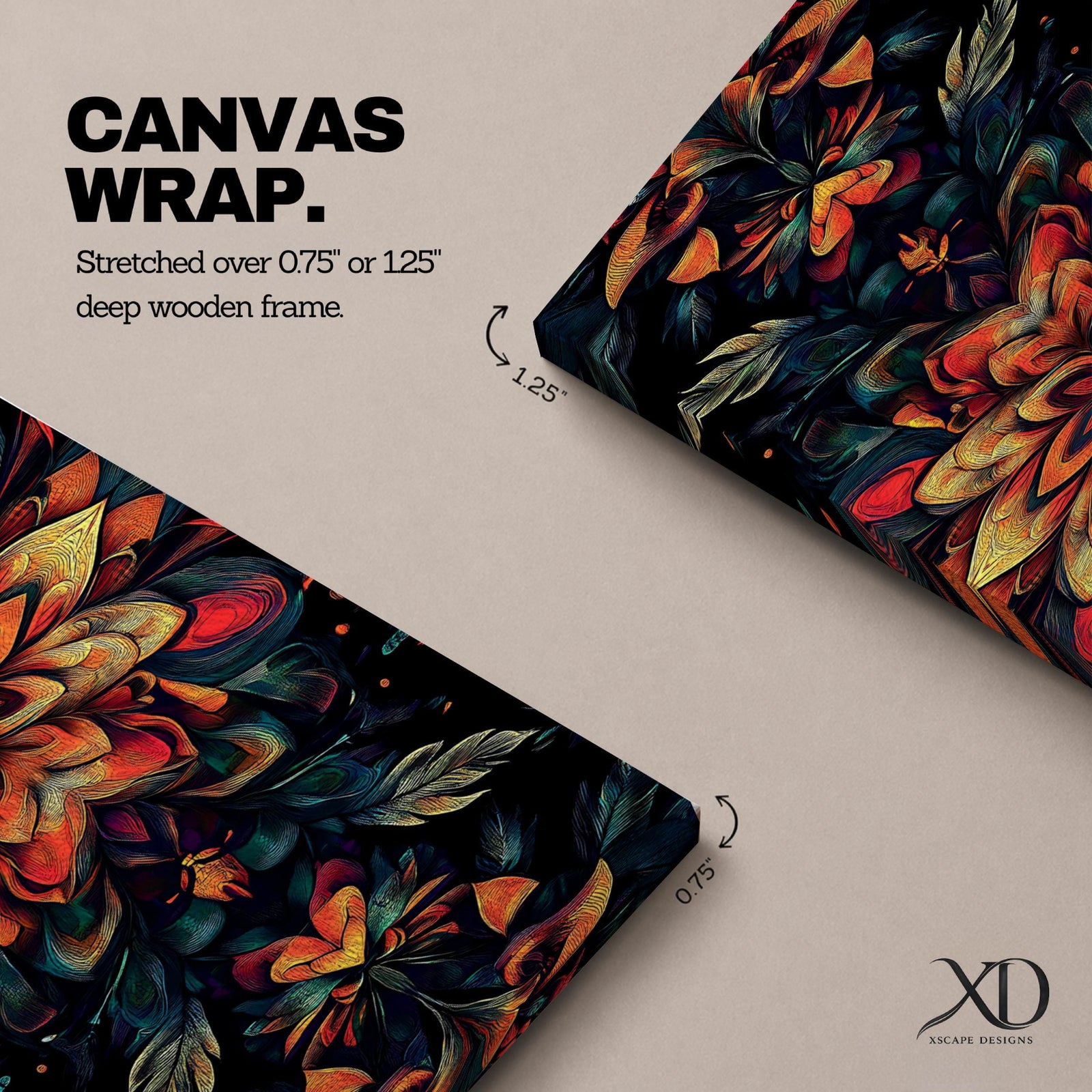 Panoramic artwork featuring a dark floral mandala composed of layered botanical petals and symmetrical flower motifs radiating from a central blossom, rendered in rich shades of red, orange, teal, and gold against a deep black background with intricate leaf forms and ornamental detailing creating a dramatic boho botanical pattern.