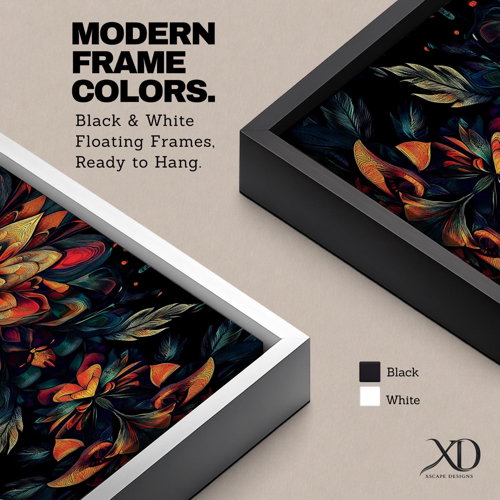 Panoramic artwork featuring a dark floral mandala composed of layered botanical petals and symmetrical flower motifs radiating from a central blossom, rendered in rich shades of red, orange, teal, and gold against a deep black background with intricate leaf forms and ornamental detailing creating a dramatic boho botanical pattern.