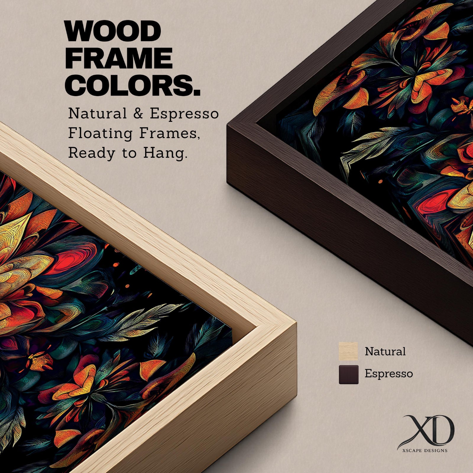 Panoramic artwork featuring a dark floral mandala composed of layered botanical petals and symmetrical flower motifs radiating from a central blossom, rendered in rich shades of red, orange, teal, and gold against a deep black background with intricate leaf forms and ornamental detailing creating a dramatic boho botanical pattern.