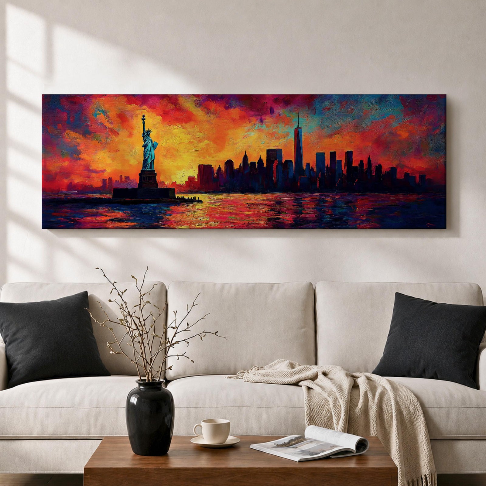 Panoramic cityscape painting showing the Statue of Liberty standing in the harbor with the New York City skyline stretching across the horizon, including tall skyscrapers and One World Trade Center, illuminated by a dramatic sunset sky filled with vibrant red, orange, and blue clouds reflected in the water.