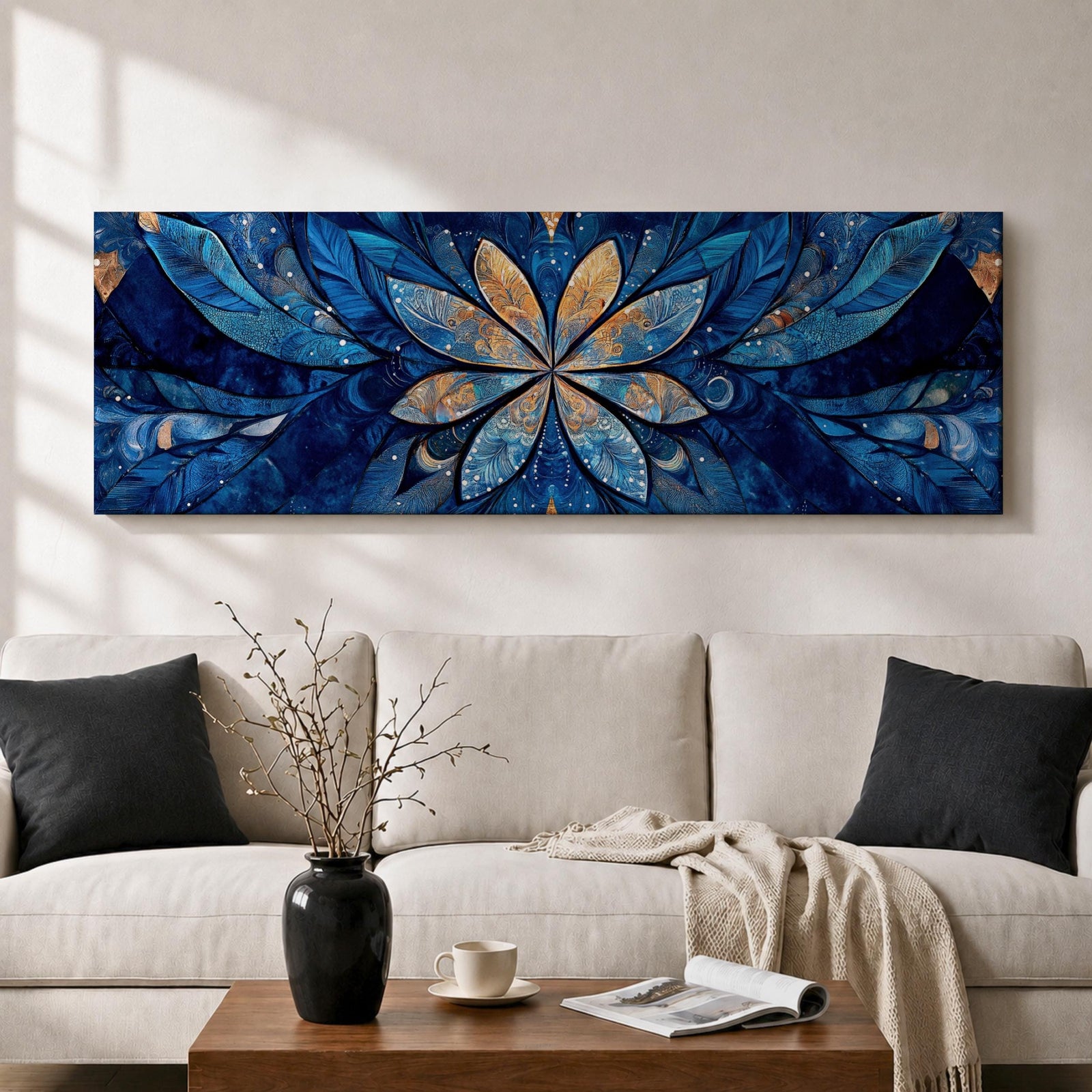 Panoramic floral mandala artwork featuring a symmetrical lotus flower design with layered petals spreading outward in deep blue and gold tones, accented with delicate botanical shapes and watercolor textures that create an intricate ornamental pattern across a wide horizontal composition.