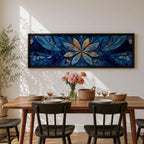 Panoramic floral mandala artwork featuring a symmetrical lotus flower design with layered petals spreading outward in deep blue and gold tones, accented with delicate botanical shapes and watercolor textures that create an intricate ornamental pattern across a wide horizontal composition.