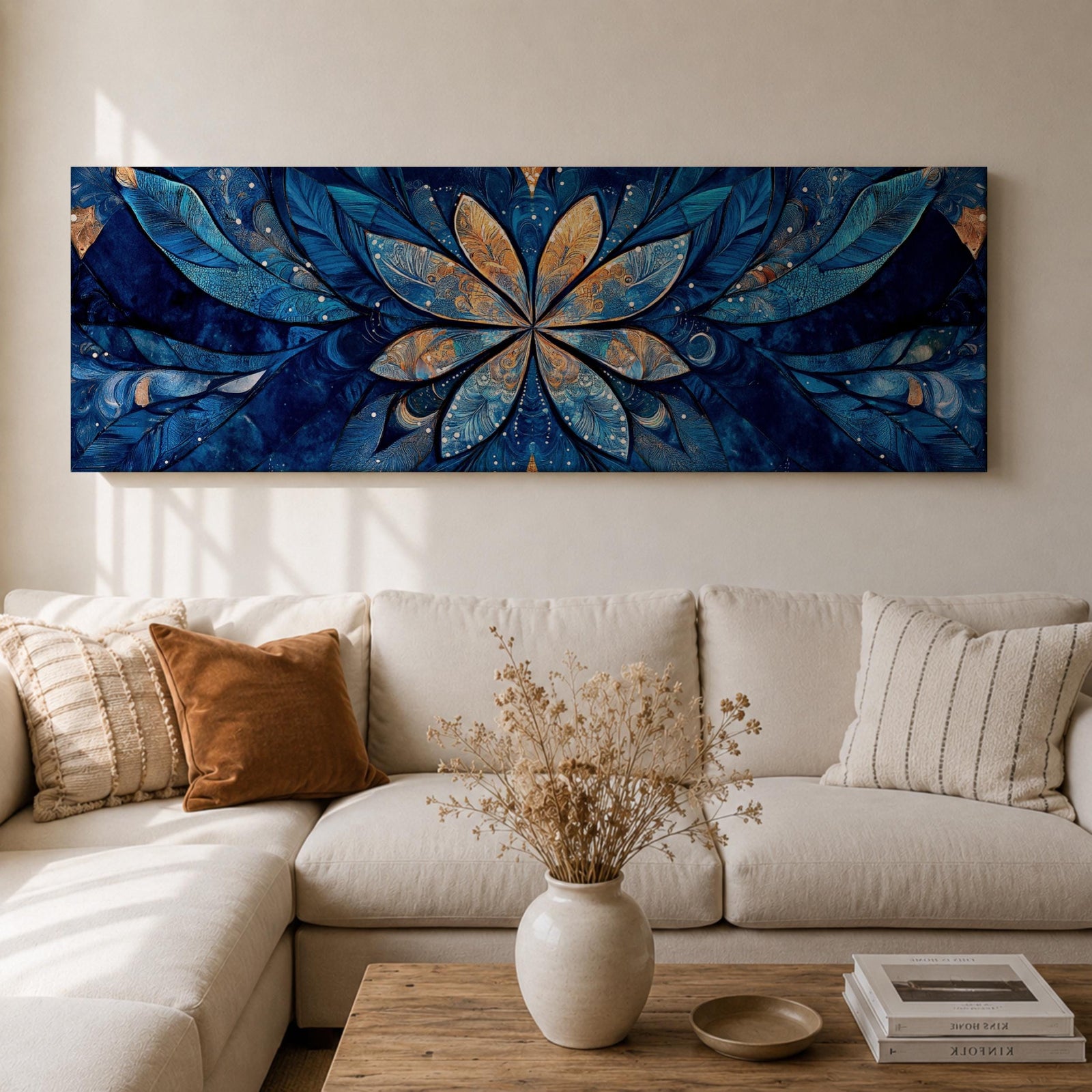 Panoramic floral mandala artwork featuring a symmetrical lotus flower design with layered petals spreading outward in deep blue and gold tones, accented with delicate botanical shapes and watercolor textures that create an intricate ornamental pattern across a wide horizontal composition.