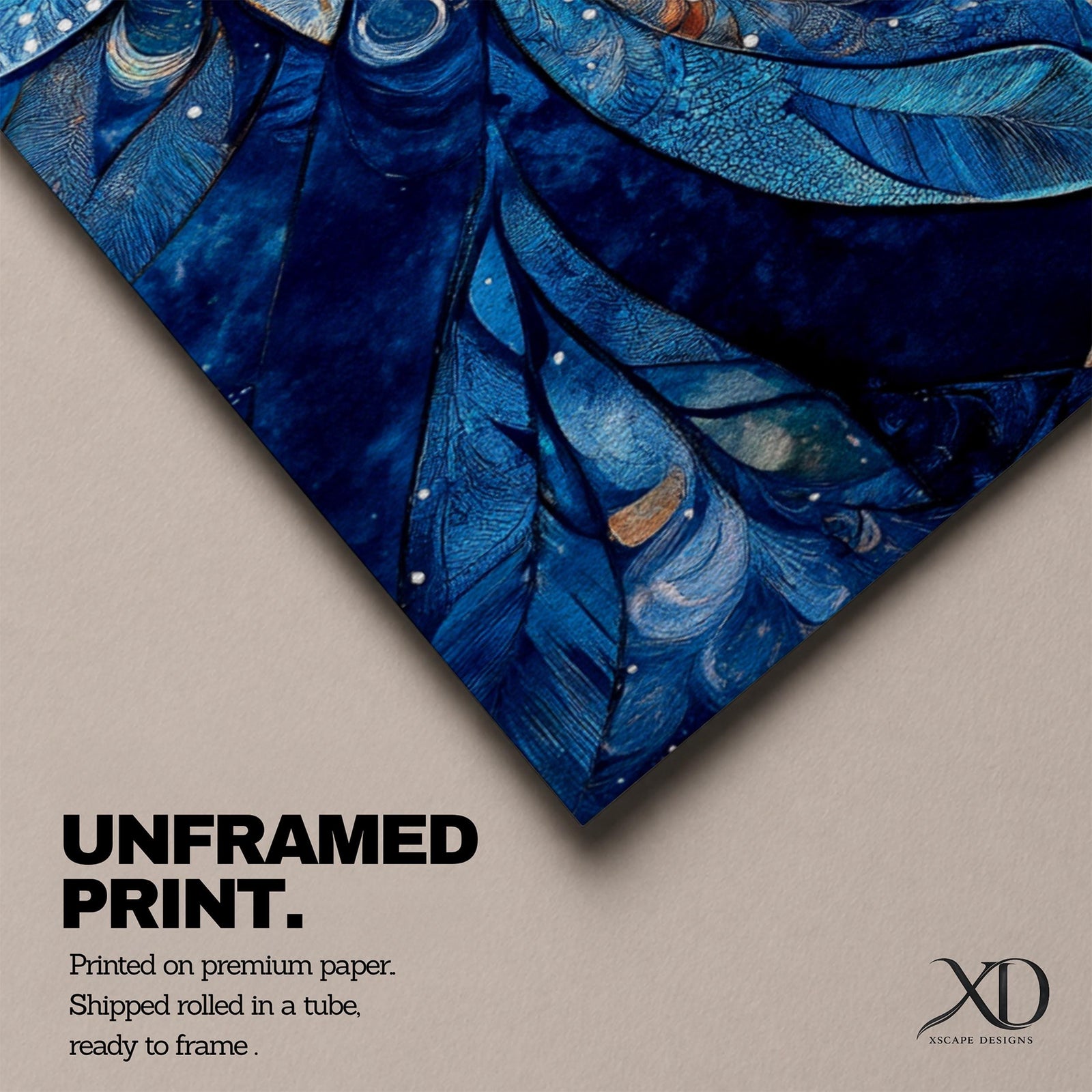 Panoramic floral mandala artwork featuring a symmetrical lotus flower design with layered petals spreading outward in deep blue and gold tones, accented with delicate botanical shapes and watercolor textures that create an intricate ornamental pattern across a wide horizontal composition.