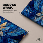 Panoramic floral mandala artwork featuring a symmetrical lotus flower design with layered petals spreading outward in deep blue and gold tones, accented with delicate botanical shapes and watercolor textures that create an intricate ornamental pattern across a wide horizontal composition.