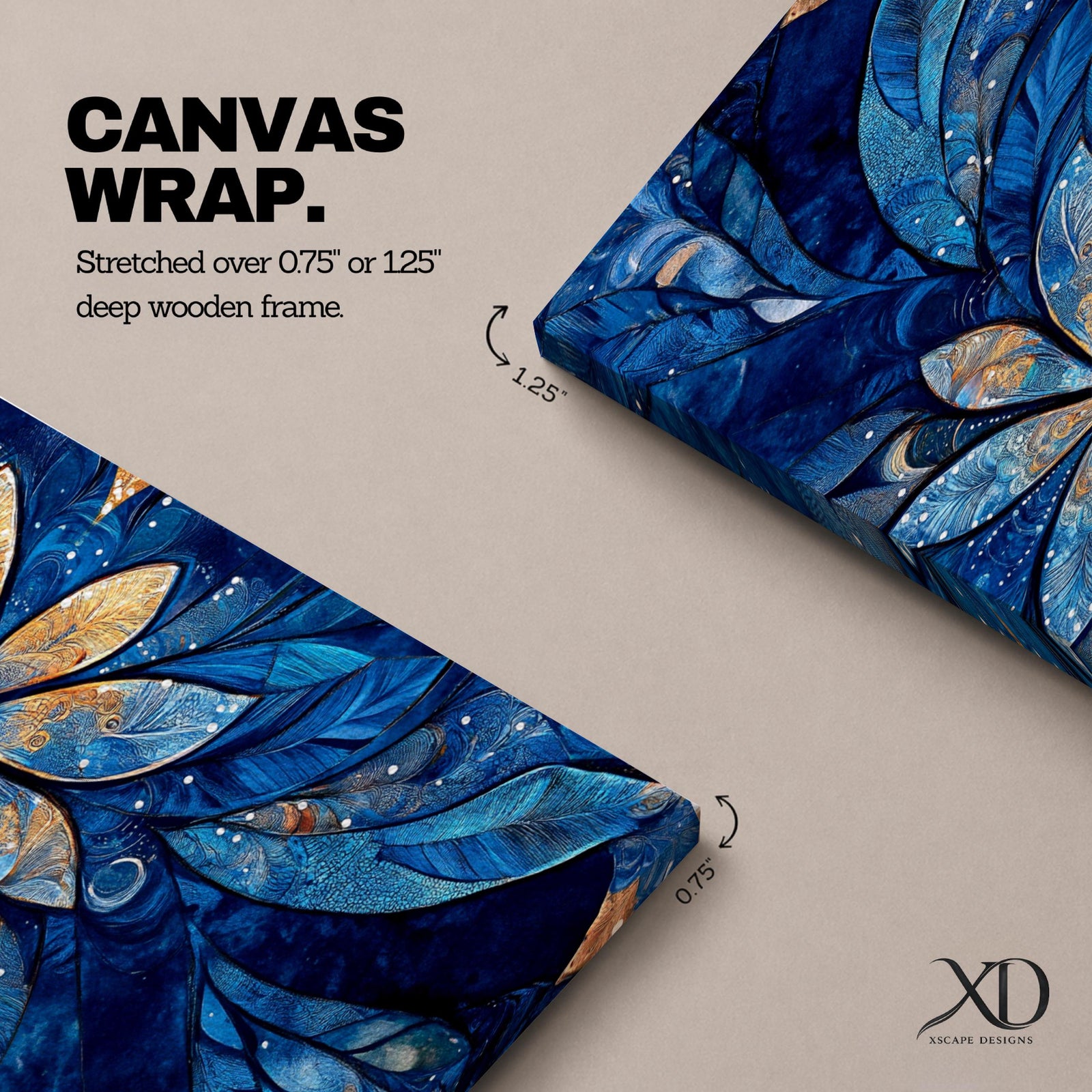 Panoramic floral mandala artwork featuring a symmetrical lotus flower design with layered petals spreading outward in deep blue and gold tones, accented with delicate botanical shapes and watercolor textures that create an intricate ornamental pattern across a wide horizontal composition.
