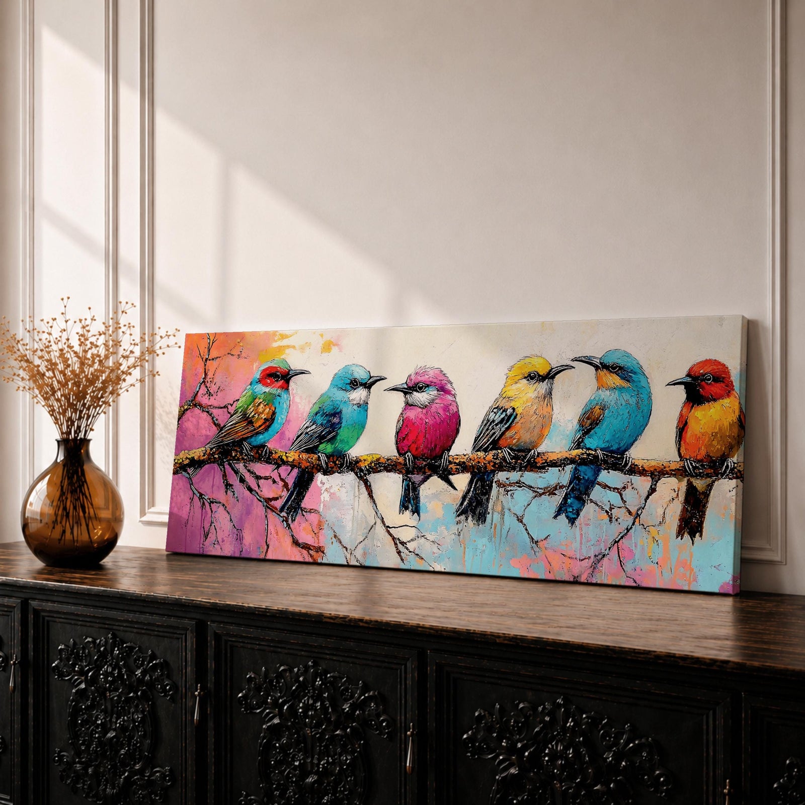 Panoramic painting of colorful tropical birds perched along a tree branch, featuring multiple small songbirds in vibrant shades of blue, pink, yellow, orange, and teal against a soft pastel background with delicate branches and expressive brushstrokes forming a lively horizontal nature composition.