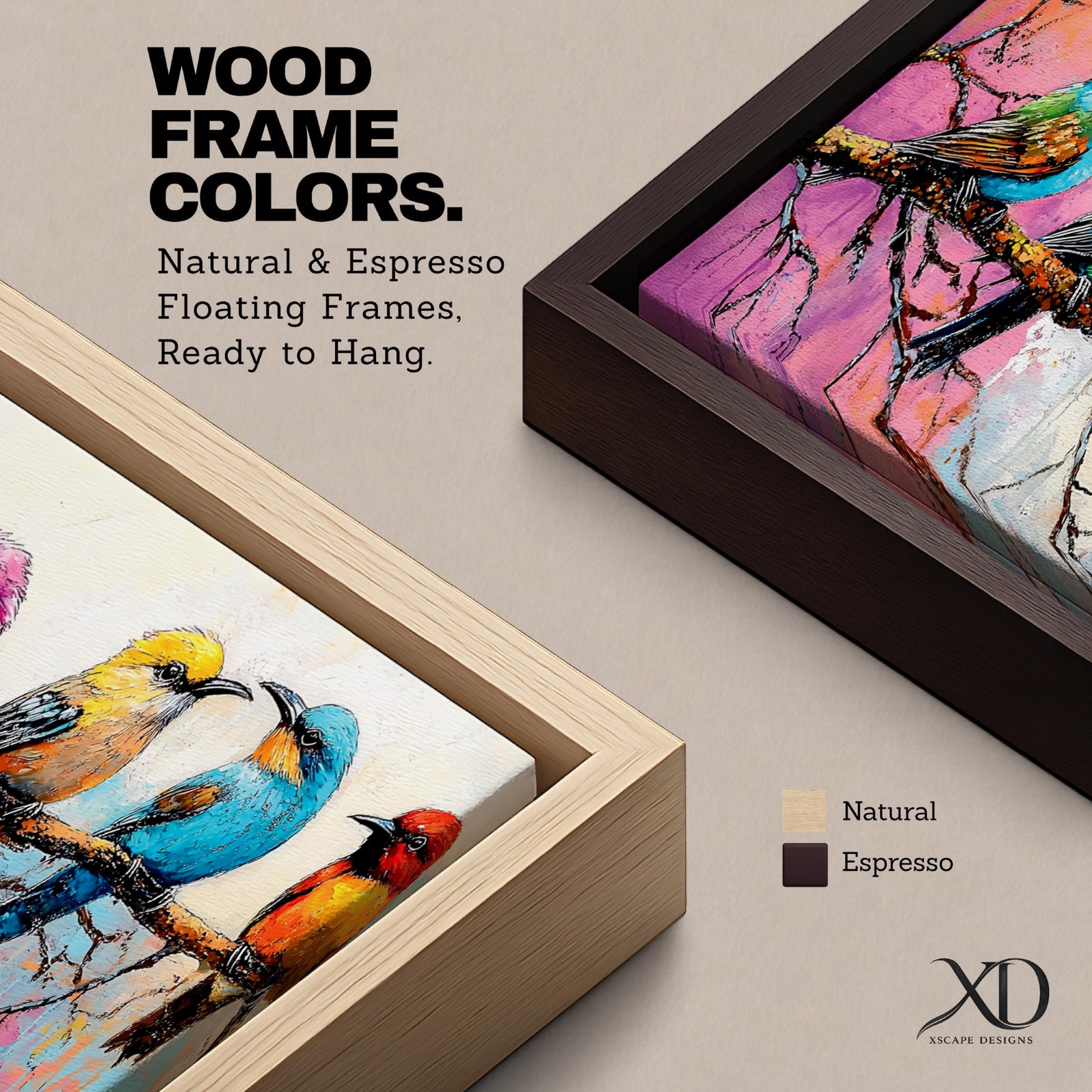 Panoramic painting of colorful tropical birds perched along a tree branch, featuring multiple small songbirds in vibrant shades of blue, pink, yellow, orange, and teal against a soft pastel background with delicate branches and expressive brushstrokes forming a lively horizontal nature composition.