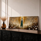 Panoramic religious painting depicting the Virgin Mary standing in a glowing field of white flowers with hands gently clasped in prayer, wearing a flowing robe and veil illuminated by radiant golden light forming a halo behind her, surrounded by soft natural scenery rendered in warm earthy tones and expressive brushstrokes.