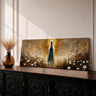 Panoramic religious painting depicting the Virgin Mary standing in a glowing field of white flowers with hands gently clasped in prayer, wearing a flowing robe and veil illuminated by radiant golden light forming a halo behind her, surrounded by soft natural scenery rendered in warm earthy tones and expressive brushstrokes.