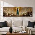 Panoramic religious painting depicting the Virgin Mary standing in a glowing field of white flowers with hands gently clasped in prayer, wearing a flowing robe and veil illuminated by radiant golden light forming a halo behind her, surrounded by soft natural scenery rendered in warm earthy tones and expressive brushstrokes.