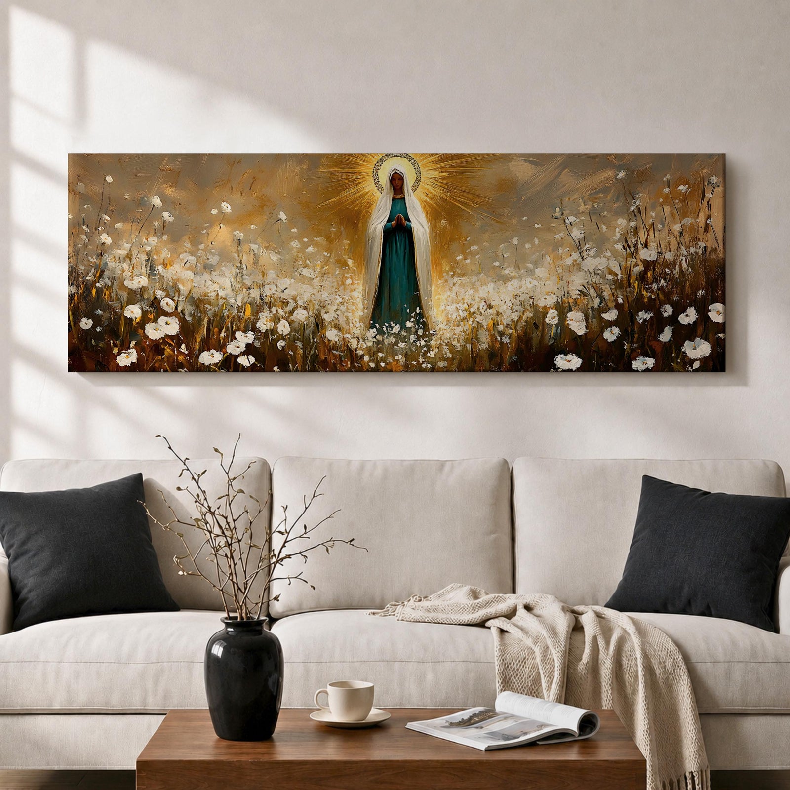 Panoramic religious painting depicting the Virgin Mary standing in a glowing field of white flowers with hands gently clasped in prayer, wearing a flowing robe and veil illuminated by radiant golden light forming a halo behind her, surrounded by soft natural scenery rendered in warm earthy tones and expressive brushstrokes.