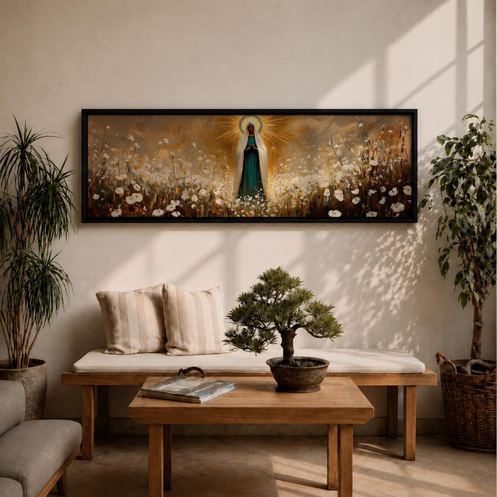Panoramic religious painting depicting the Virgin Mary standing in a glowing field of white flowers with hands gently clasped in prayer, wearing a flowing robe and veil illuminated by radiant golden light forming a halo behind her, surrounded by soft natural scenery rendered in warm earthy tones and expressive brushstrokes.