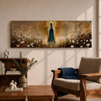 Panoramic religious painting depicting the Virgin Mary standing in a glowing field of white flowers with hands gently clasped in prayer, wearing a flowing robe and veil illuminated by radiant golden light forming a halo behind her, surrounded by soft natural scenery rendered in warm earthy tones and expressive brushstrokes.