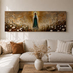 Panoramic religious painting depicting the Virgin Mary standing in a glowing field of white flowers with hands gently clasped in prayer, wearing a flowing robe and veil illuminated by radiant golden light forming a halo behind her, surrounded by soft natural scenery rendered in warm earthy tones and expressive brushstrokes.