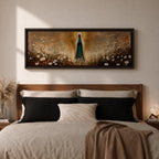 Panoramic religious painting depicting the Virgin Mary standing in a glowing field of white flowers with hands gently clasped in prayer, wearing a flowing robe and veil illuminated by radiant golden light forming a halo behind her, surrounded by soft natural scenery rendered in warm earthy tones and expressive brushstrokes.