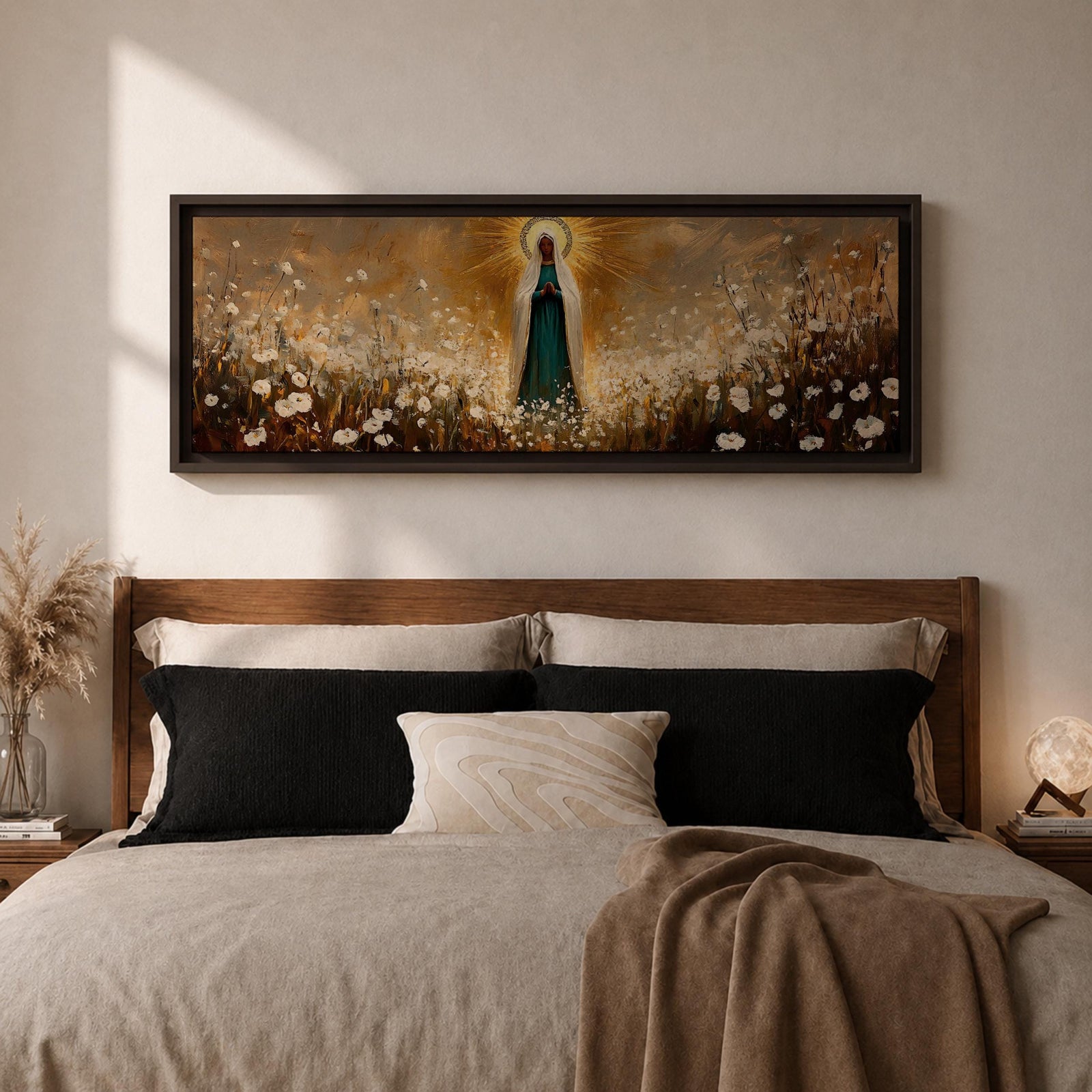 Panoramic religious painting depicting the Virgin Mary standing in a glowing field of white flowers with hands gently clasped in prayer, wearing a flowing robe and veil illuminated by radiant golden light forming a halo behind her, surrounded by soft natural scenery rendered in warm earthy tones and expressive brushstrokes.