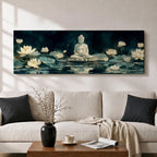 Panoramic painting of a serene Buddha seated in meditation on a lotus platform surrounded by blooming white lotus flowers floating on a calm reflective pond, set beneath a deep blue night sky with soft glowing light and tranquil watercolor textures creating a peaceful spiritual scene.