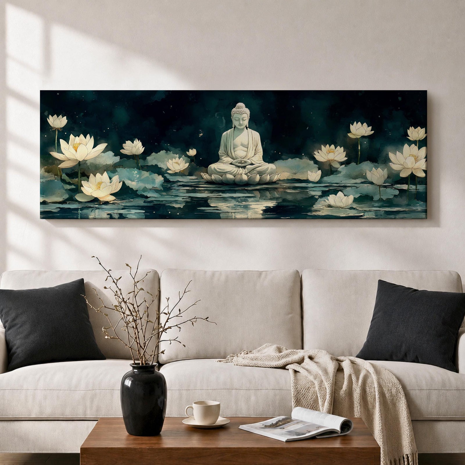 Panoramic painting of a serene Buddha seated in meditation on a lotus platform surrounded by blooming white lotus flowers floating on a calm reflective pond, set beneath a deep blue night sky with soft glowing light and tranquil watercolor textures creating a peaceful spiritual scene.