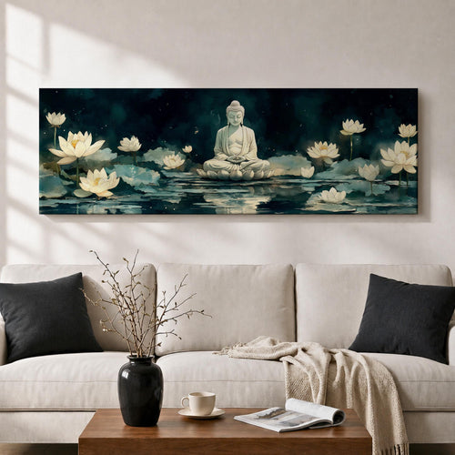 Panoramic painting of a serene Buddha seated in meditation on a lotus platform surrounded by blooming white lotus flowers floating on a calm reflective pond, set beneath a deep blue night sky with soft glowing light and tranquil watercolor textures creating a peaceful spiritual scene.