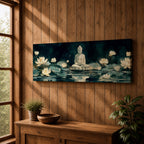 Panoramic painting of a serene Buddha seated in meditation on a lotus platform surrounded by blooming white lotus flowers floating on a calm reflective pond, set beneath a deep blue night sky with soft glowing light and tranquil watercolor textures creating a peaceful spiritual scene.