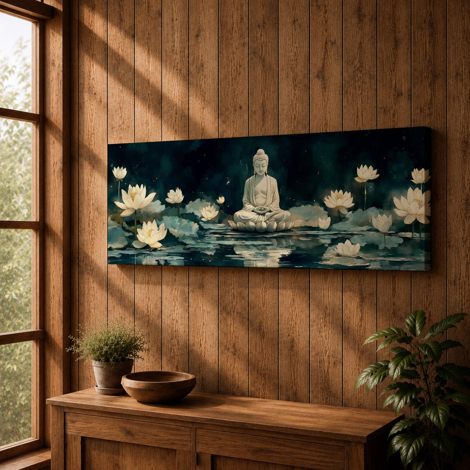 Panoramic painting of a serene Buddha seated in meditation on a lotus platform surrounded by blooming white lotus flowers floating on a calm reflective pond, set beneath a deep blue night sky with soft glowing light and tranquil watercolor textures creating a peaceful spiritual scene.