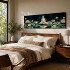 Panoramic painting of a serene Buddha seated in meditation on a lotus platform surrounded by blooming white lotus flowers floating on a calm reflective pond, set beneath a deep blue night sky with soft glowing light and tranquil watercolor textures creating a peaceful spiritual scene.