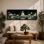 Panoramic painting of a serene Buddha seated in meditation on a lotus platform surrounded by blooming white lotus flowers floating on a calm reflective pond, set beneath a deep blue night sky with soft glowing light and tranquil watercolor textures creating a peaceful spiritual scene.