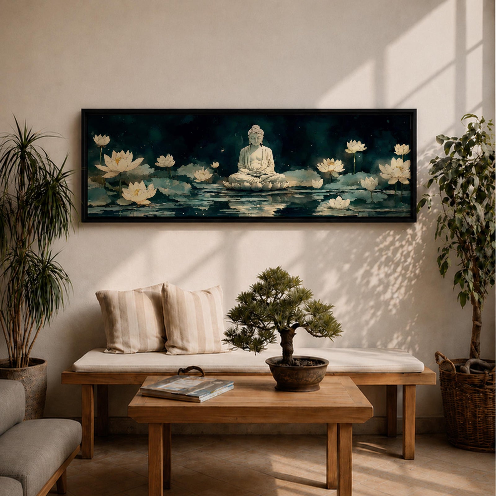 Panoramic painting of a serene Buddha seated in meditation on a lotus platform surrounded by blooming white lotus flowers floating on a calm reflective pond, set beneath a deep blue night sky with soft glowing light and tranquil watercolor textures creating a peaceful spiritual scene.