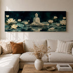 Panoramic painting of a serene Buddha seated in meditation on a lotus platform surrounded by blooming white lotus flowers floating on a calm reflective pond, set beneath a deep blue night sky with soft glowing light and tranquil watercolor textures creating a peaceful spiritual scene.