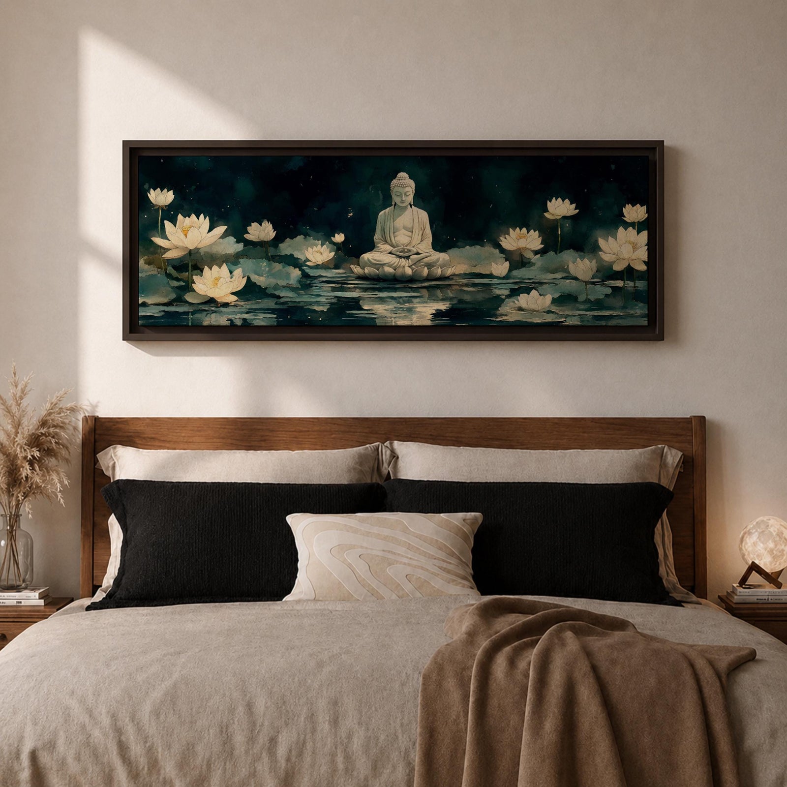 Panoramic painting of a serene Buddha seated in meditation on a lotus platform surrounded by blooming white lotus flowers floating on a calm reflective pond, set beneath a deep blue night sky with soft glowing light and tranquil watercolor textures creating a peaceful spiritual scene.