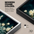 Panoramic painting of a serene Buddha seated in meditation on a lotus platform surrounded by blooming white lotus flowers floating on a calm reflective pond, set beneath a deep blue night sky with soft glowing light and tranquil watercolor textures creating a peaceful spiritual scene.