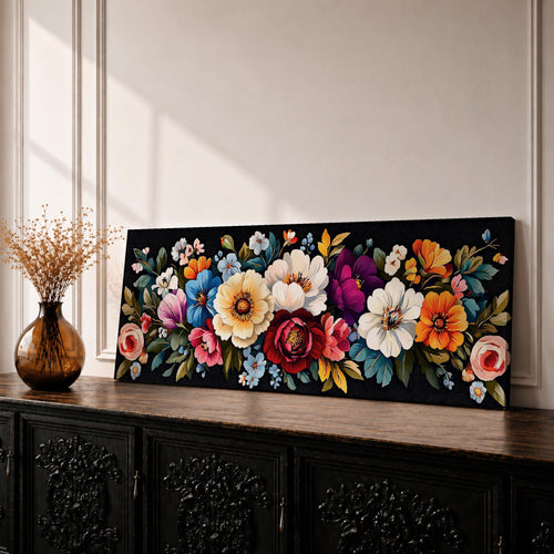Panoramic floral painting featuring a dense arrangement of colorful botanical flowers including roses and wildflowers layered across a dark background, with detailed petals in shades of cream, red, pink, blue, and orange surrounded by green leaves forming a rich horizontal botanical composition.