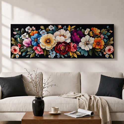 Panoramic floral painting featuring a dense arrangement of colorful botanical flowers including roses and wildflowers layered across a dark background, with detailed petals in shades of cream, red, pink, blue, and orange surrounded by green leaves forming a rich horizontal botanical composition.