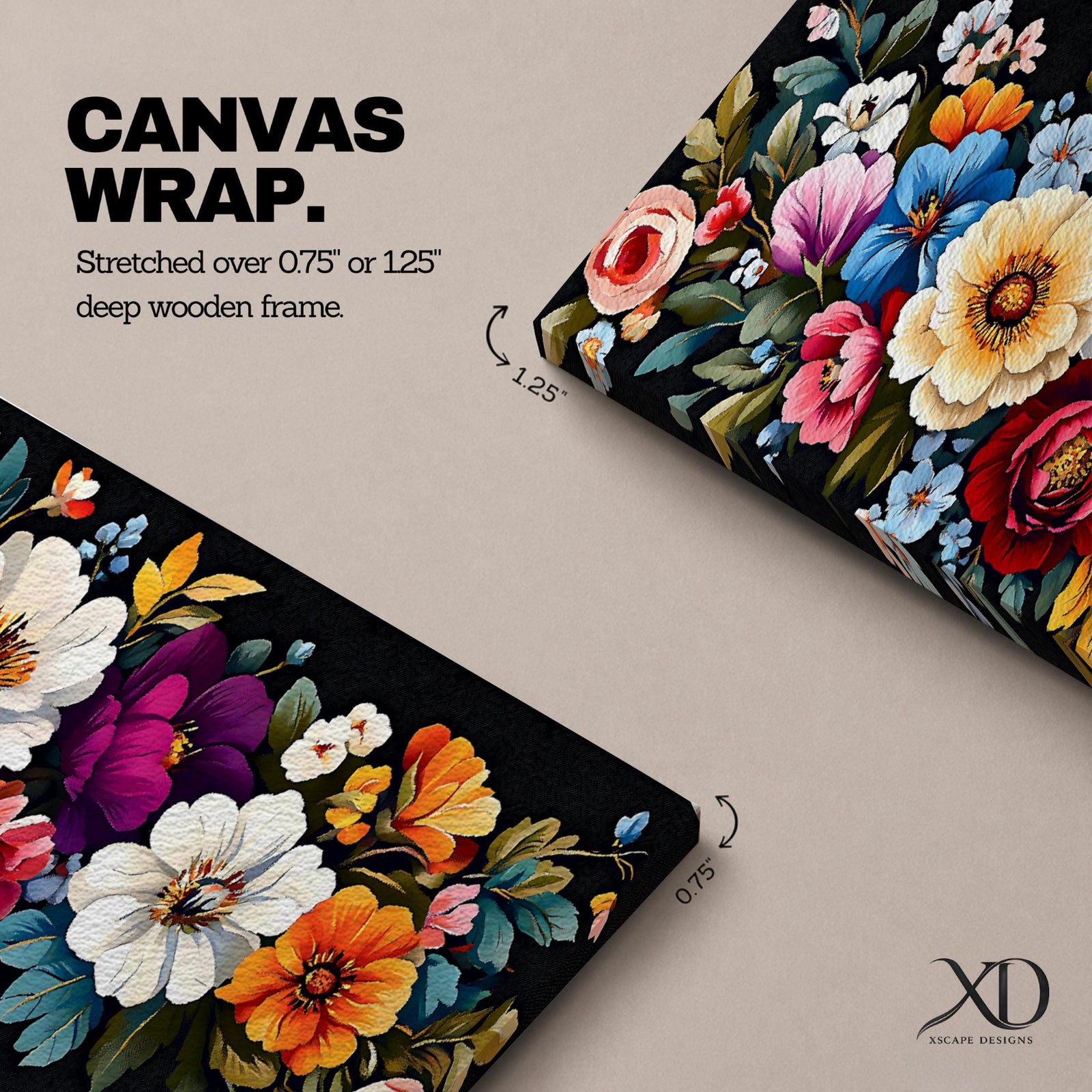 Panoramic floral painting featuring a dense arrangement of colorful botanical flowers including roses and wildflowers layered across a dark background, with detailed petals in shades of cream, red, pink, blue, and orange surrounded by green leaves forming a rich horizontal botanical composition.