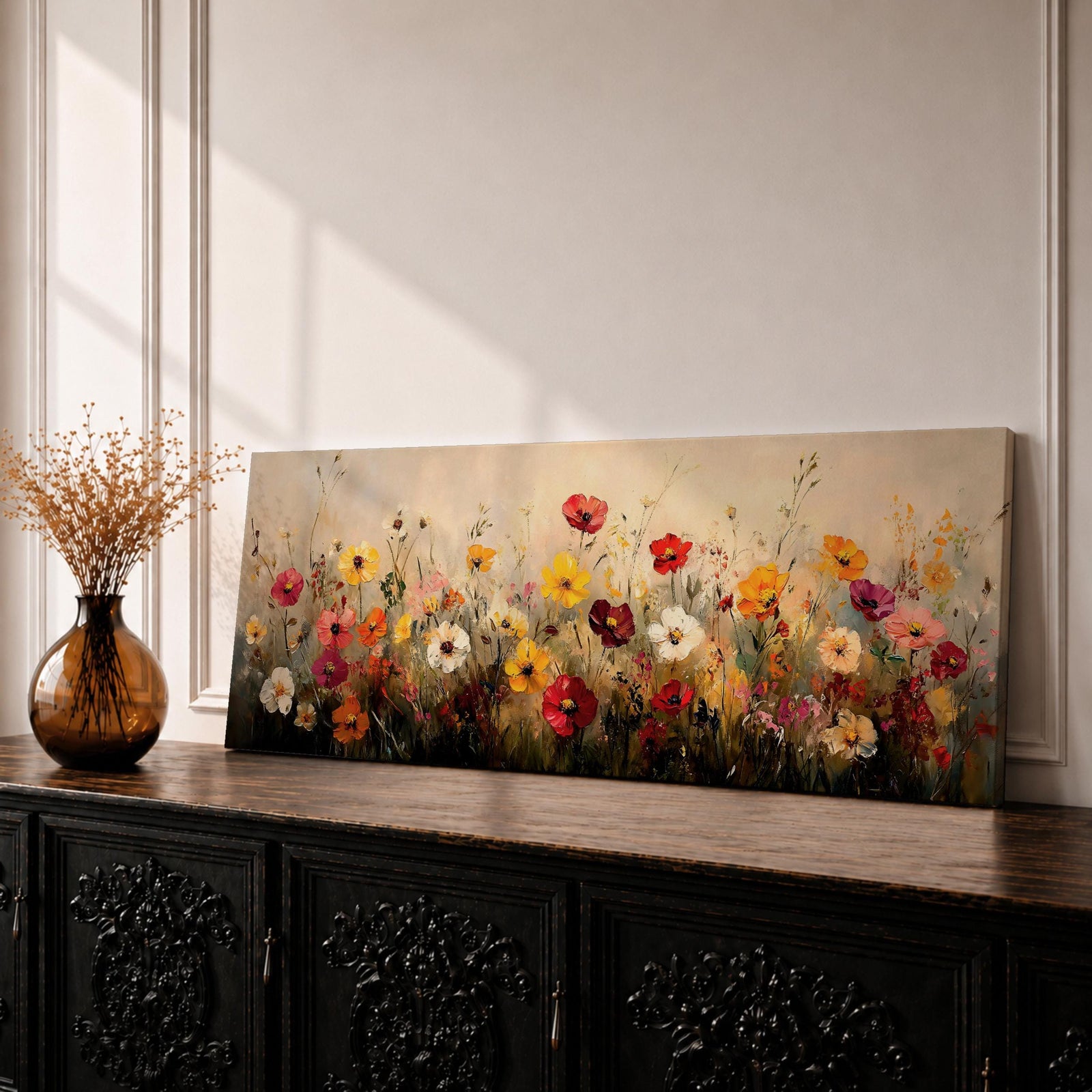 Panoramic painting of a wildflower meadow filled with blooming poppies, daisies, and colorful field flowers rising from soft grasses, rendered with expressive brushstrokes and warm natural tones of red, yellow, cream, and pink against a light atmospheric background forming a wide botanical landscape composition.