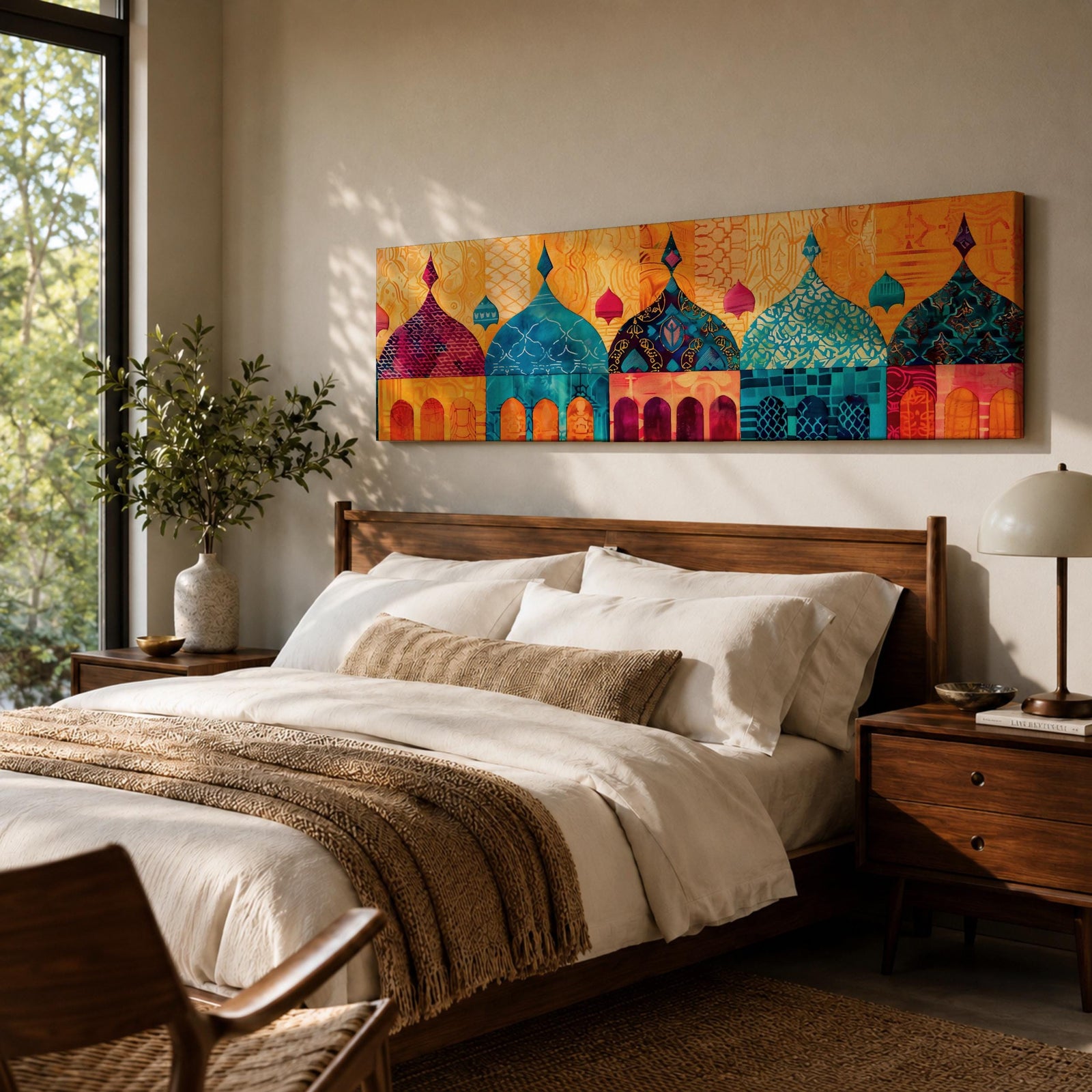Panoramic artwork depicting a row of colorful Islamic mosque domes and arches rendered in vibrant watercolor style, featuring intricate geometric patterns and ornamental details in shades of turquoise, orange, pink, and gold forming a stylized architectural skyline inspired by Middle Eastern and Arabic design.