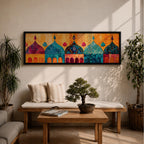 Panoramic artwork depicting a row of colorful Islamic mosque domes and arches rendered in vibrant watercolor style, featuring intricate geometric patterns and ornamental details in shades of turquoise, orange, pink, and gold forming a stylized architectural skyline inspired by Middle Eastern and Arabic design.