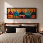Panoramic artwork depicting a row of colorful Islamic mosque domes and arches rendered in vibrant watercolor style, featuring intricate geometric patterns and ornamental details in shades of turquoise, orange, pink, and gold forming a stylized architectural skyline inspired by Middle Eastern and Arabic design.