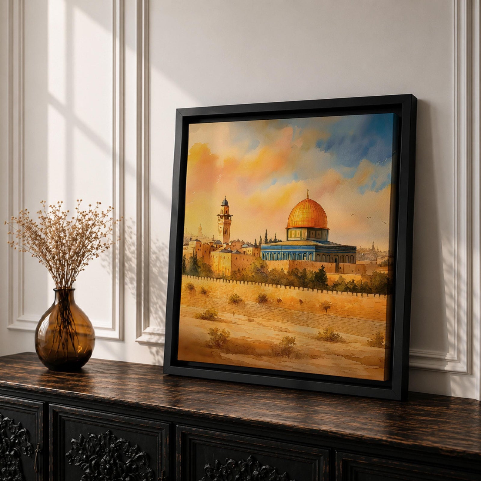 Masjid Al Aqsa Wall Art Golden Mosque Framed Canvas Qubbat Sakhra Vintage Islamic Decor