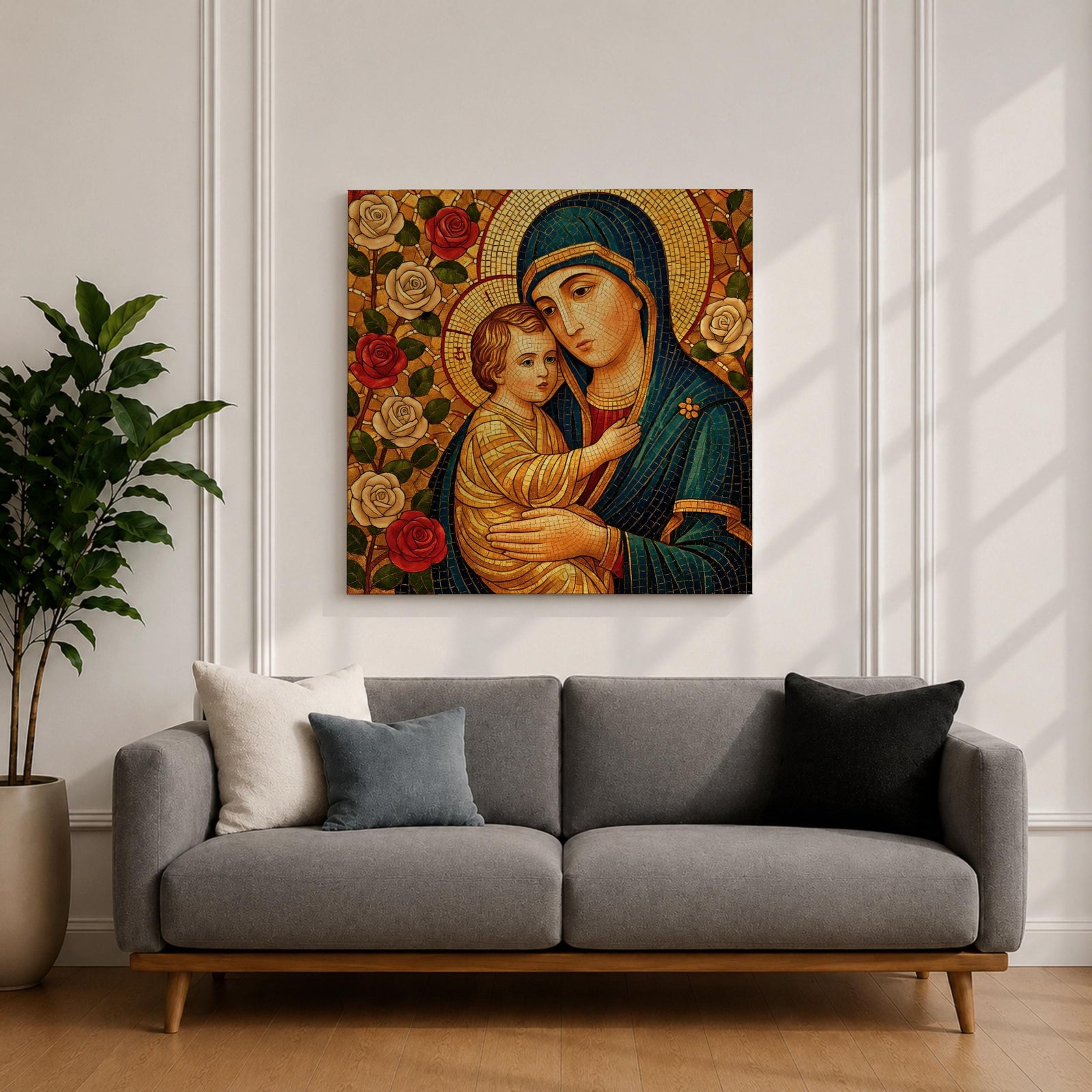 Virgin Mary Wall Art Madonna and Child Framed Canvas Mosaic Catholic Home Decor