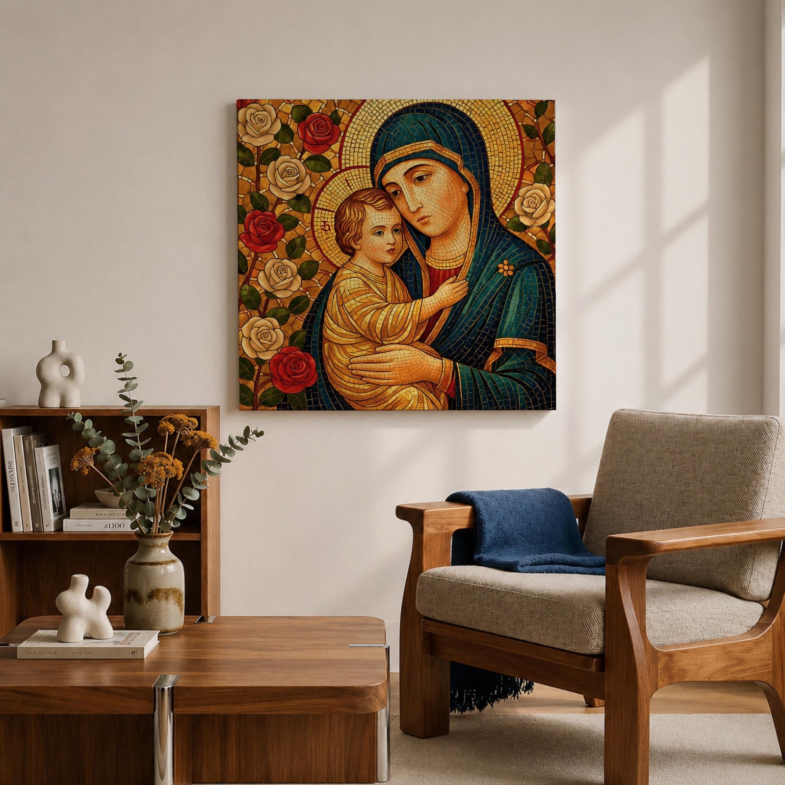 Virgin Mary Wall Art Madonna and Child Framed Canvas Mosaic Catholic Home Decor